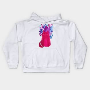 Cat and foliage - pink, purple and blue Kids Hoodie